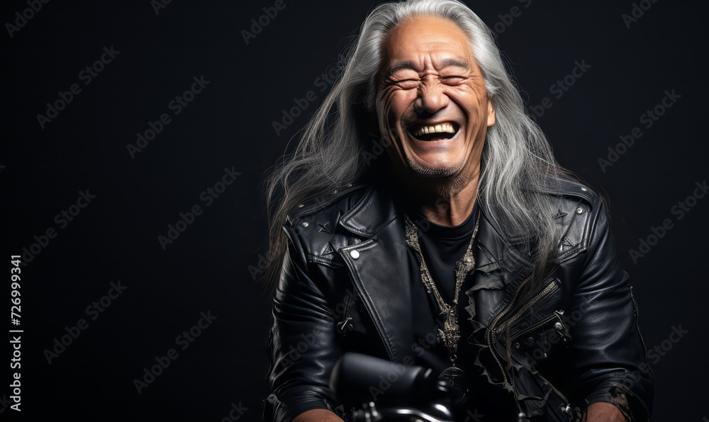 Obraz premium Joyful elderly Native American man with long silver hair laughing heartily, exuding a carefree spirit and timeless style in a classic black leather jacket