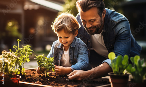 Wallpaper Mural Father and Son Bonding Over Gardening Activities in Sunlit Home Garden, Teaching Kid Plant Care, Family Enjoying Outdoor Hobby Together Torontodigital.ca