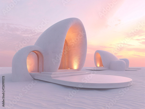 A futuristic minimal bamboo building with round windows is surrounded by snow.