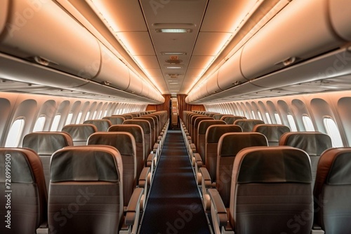 Empty commercial plane cabin with rows of seats. Generative AI