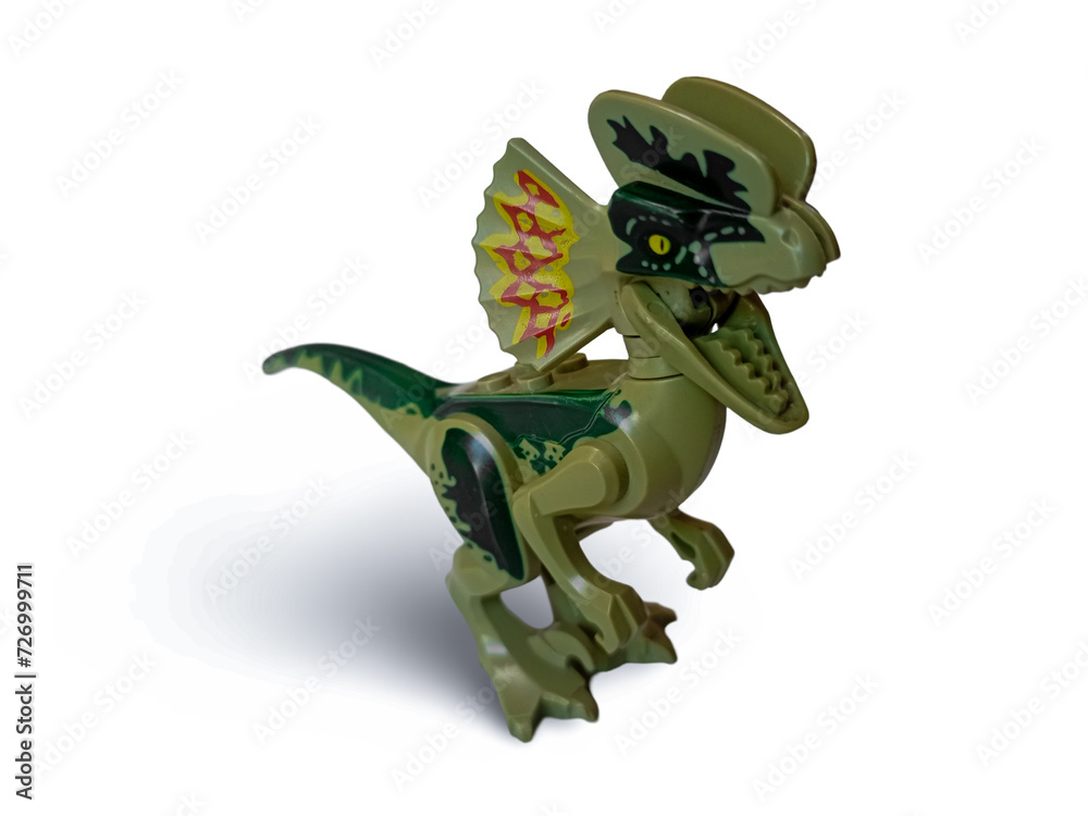 Fototapeta premium Suchomimus dinosaur and Dilophosaurus (Male) is a carnivore genus of theropod dinosaur that lived during the Early Jurassic, Dilophosaurus isolated on white background with a clipping path