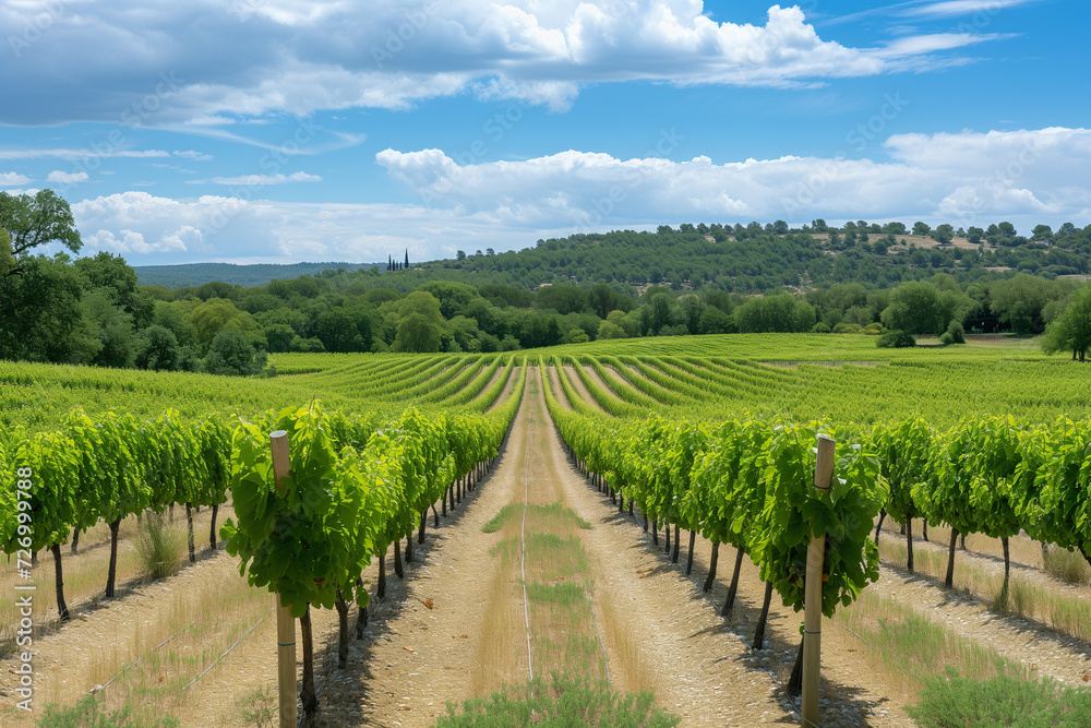 Provence region in South France. A perfect vineyard in July
