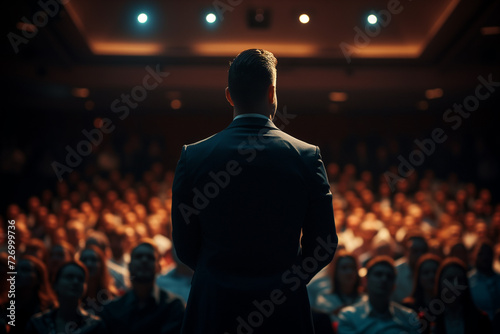 Businessman in suit speaking on stage in front of audience
