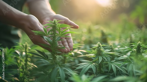 A hand holding cannabis in field with a big empty space and natural beauty, Generative AI.