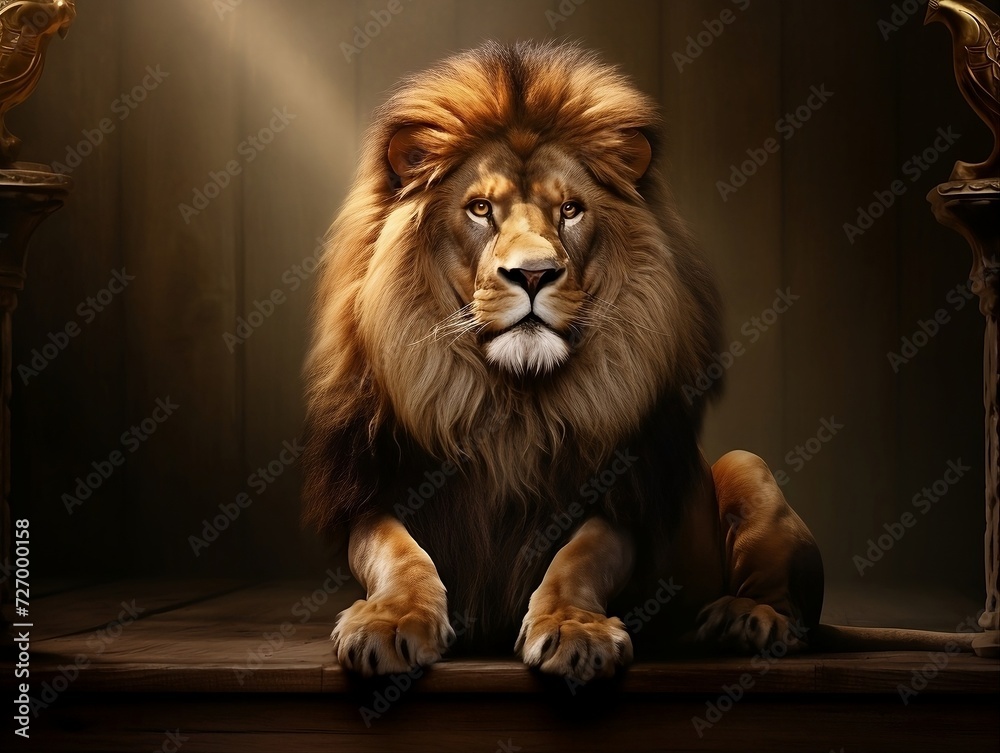 Lion sitting in front of a sunbeam on a wooden platform with crown