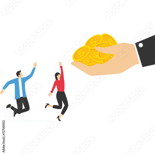 Employee bonus money, giant boss hand giving stack of coins money to happy office workers.


