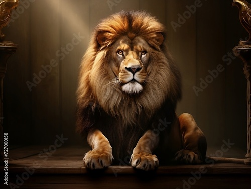 Lion sitting in front of a sunbeam on a wooden platform with crown