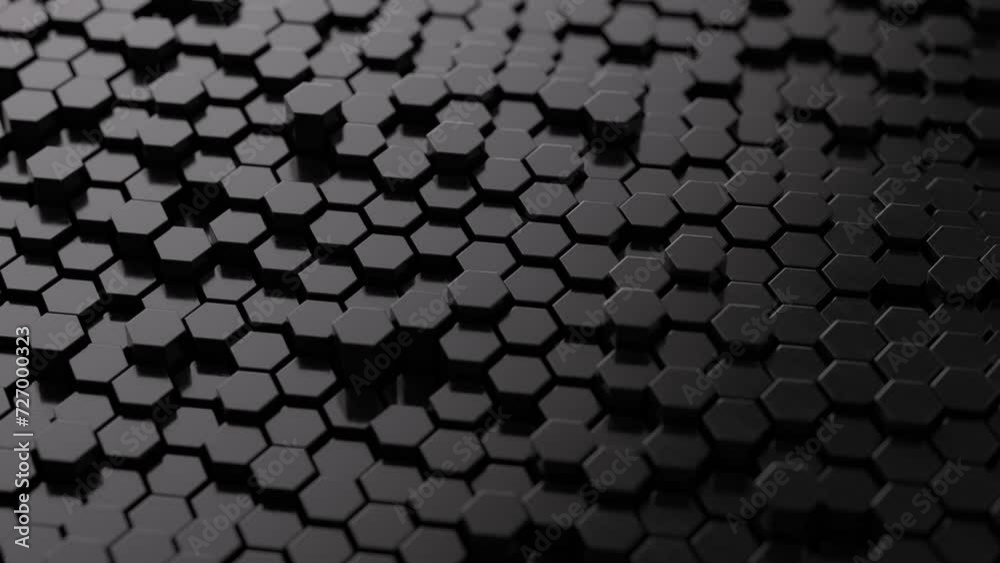 Black hexagon honeycomb shapes matte surface moving randomly. Bright 3D animation of a seamless loop of hexagon beehive. Template for documents, reports and presentations