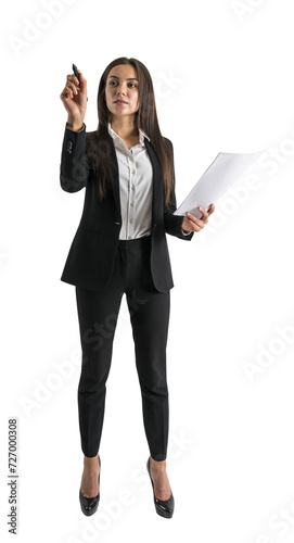 Businesswoman in black suit presenting with pen, professional engagement