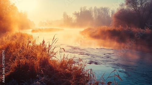 Fantastic foggy river with fresh grass in the sunlight. Dramatic unusual scene. Warm sundown on Dnister. Ukraine, Europe. Beauty world. Retro and vintage style, soft filter. Instagram toning effect. photo