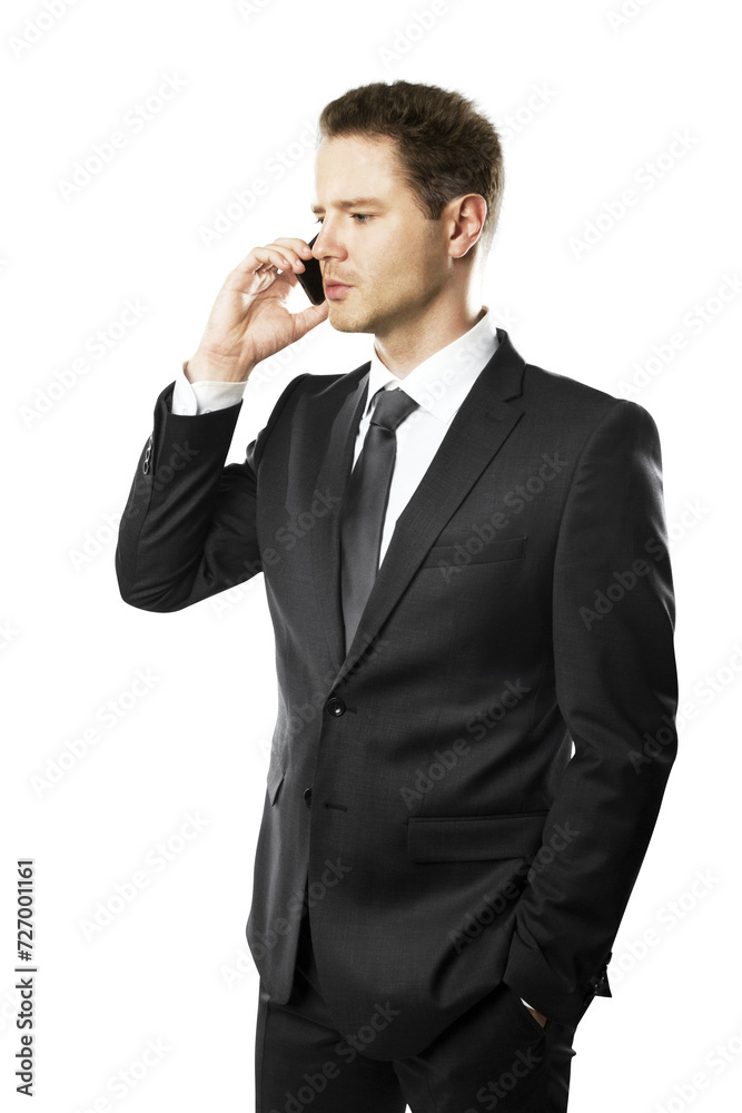 Confident businessman talking on the phone, professional attire on white background Confident businessman talking on the phone, professional attire on white background