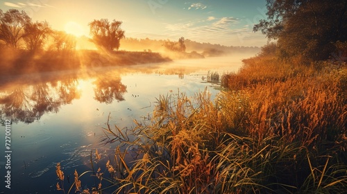 Fantastic foggy river with fresh grass in the sunlight. Dramatic unusual scene. Warm sundown on Dnister. Ukraine, Europe. Beauty world. Retro and vintage style, soft filter. Instagram toning effect. photo