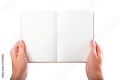 Open notepad in hands with empty pages against a white background, space for text