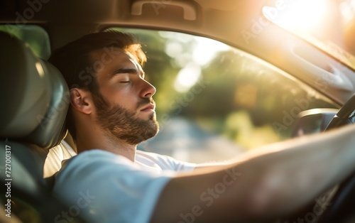 A man sleeping in driving seat a tired driver sleeping in car with empty space, Generative AI.