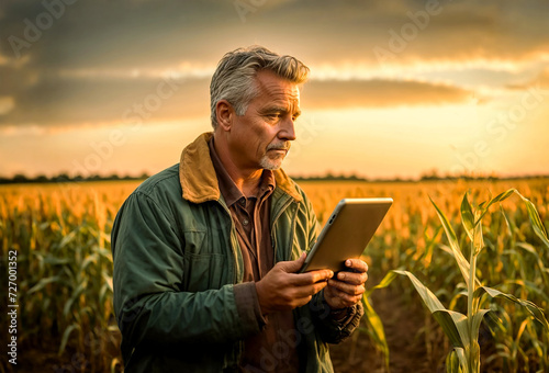 Farmer holding a tablet works in a corn field. The time is near sunset.