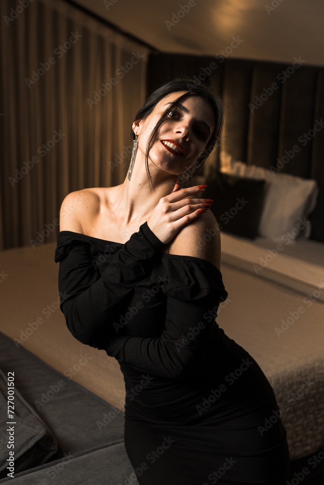 Elegant woman in a black dress posing in an apartment. Fashion shooting concept Elegant woman in a black dress posing in an apartment. Fashion shooting concept