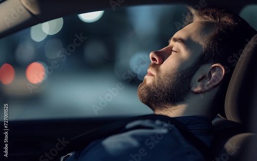 A man sleeping in driving seat a tired driver sleeping in car with empty space, Generative AI. photo