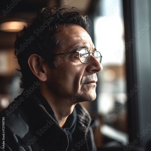 A close-up portrait of a man in a coffee shop