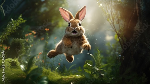 A cute little fluffy rabbit is jumping in a green meadow. Spring flower meadow. Easter holiday. photo