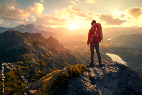 Back View of a Trekker. Spirit of adventure and exploration in the beauty of nature with outdoor activity, landscape, adventurous individual, and a sense of discovery.