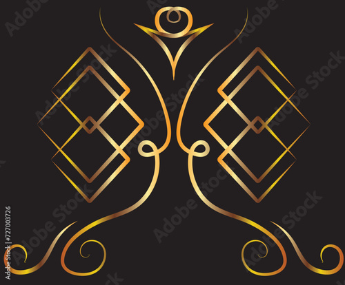 Fantasy graphic pattern with swirls and rhombuses. Gold gradient on a black background for printing on fabric, applique and cards.