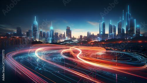 Futuristic abstract blurred moving street lights city at night  Abstract neon glowing wave with speed moving line  Smart city  architecture technology  cityscape  connection technology  motion highway