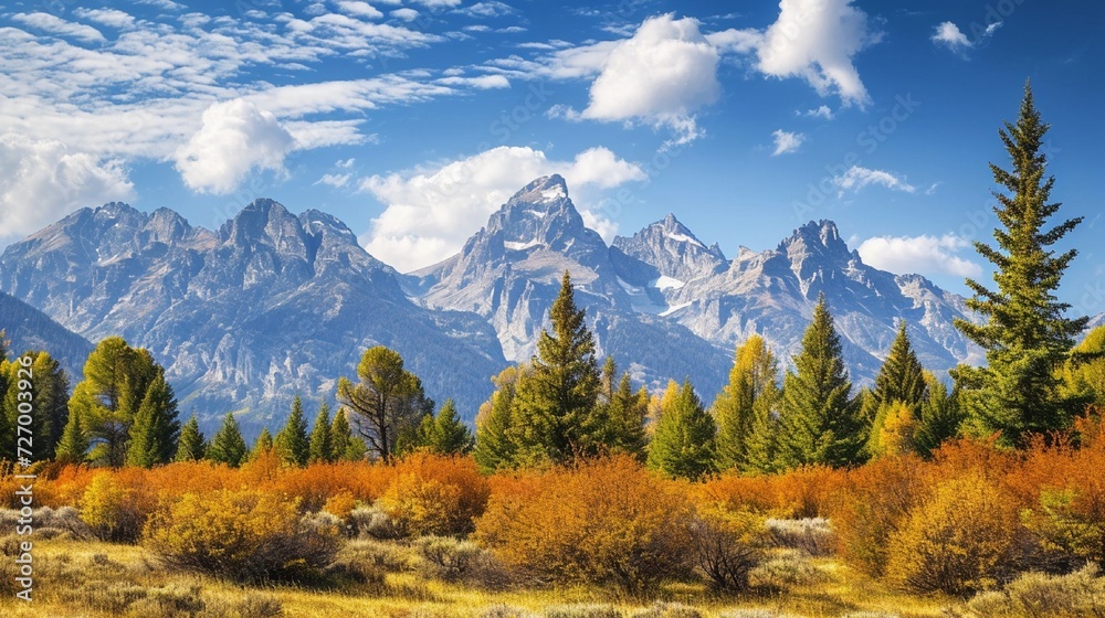 Panoramic view of Grand Teton range in Grand Teton National Park. Grand Teton National Park is in Wyoming, USA. Also, Grand Teton range is a range of mountains part of the US Rockies