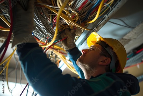 Electrician repairing electrical wires Worker installing electrical wiring in a building works on wires.