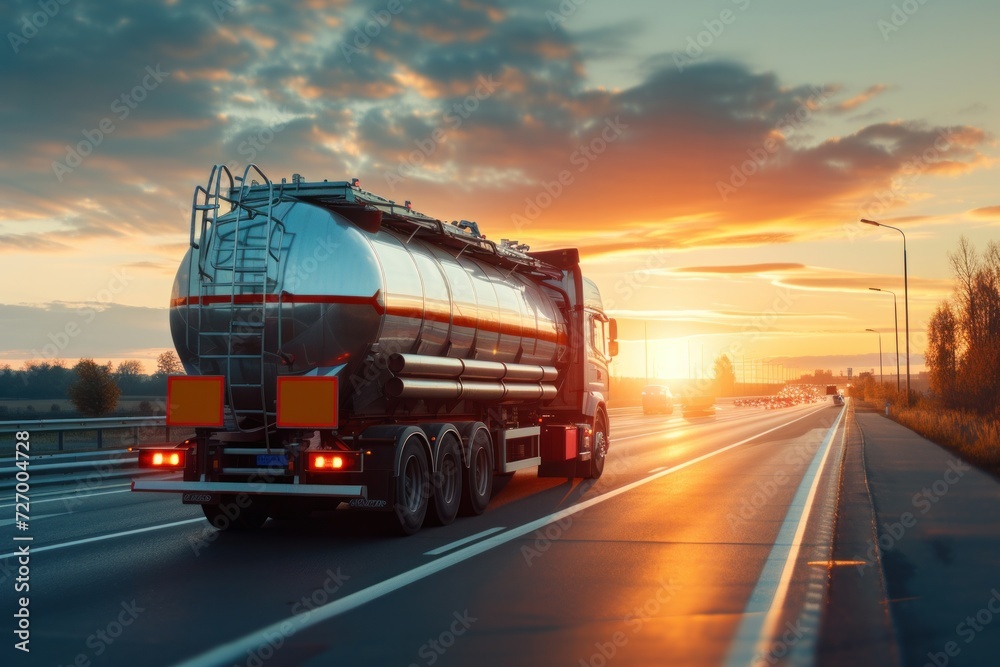 oil truck driving oil Fuel transportation and logistics concept in the evening oil truck driving oil Fuel transportation and logistics concept in the evening