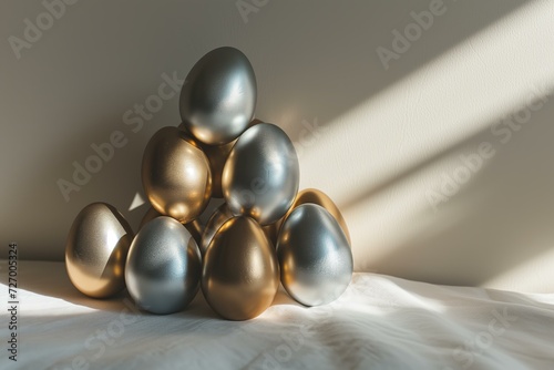 a stack of balancing metallic easter eggs, modern, minimalist, neutral colors