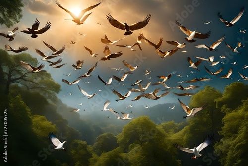 Create an AI-generated marvel capturing the enchanting beauty of an amazing flock of birds gracefully soaring through a clear and elegant sky. © Fatima