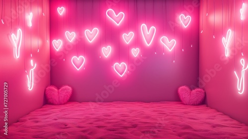 Festive valentine s day photo studio magenta background  pink fluffy pillows and decorative details  blankets and carpets  led hear-shaped lamps