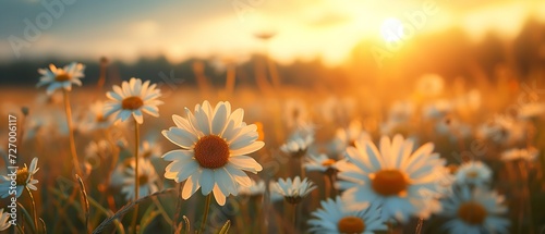 An image of a daisy field lovely image of the natural world including a daisy in bloom at dusk, Generative AI. #727006117