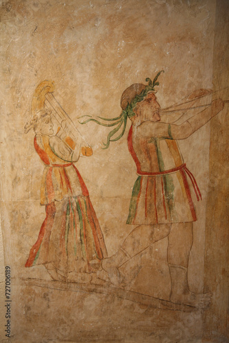 Beit Guvrin Maresha National Park. Sidonian burial caves with wall paintings. The musicians' grave is decorated with a painting depicting a man playing a flute and a woman playing a harp. Israel