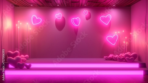 Festive valentine's day photo studio magenta background: pink fluffy pillows and decorative details, blankets and carpets, led hear-shaped lamps