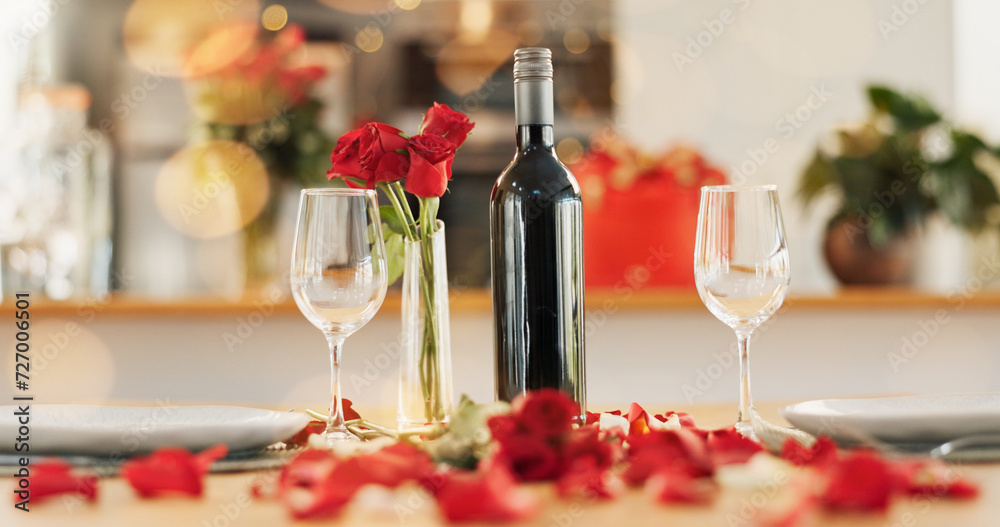Fotobehang Eetkamer Wine, flowers and romance on valentines day for celebration of love, anniversary or honeymoon in still life. Glass, dinner and elegant date in dining room of home for event, milestone or occasion #727006501