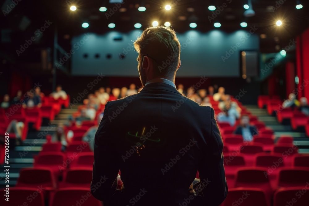 a male motivational speaker or a stand-up comedian presenting his speech in front of an audience in a microphone in a dark club or concert hall venue with red seats and selective lighting a male motivational speaker or a stand-up comedian presenting his speech in front of an audience in a microphone in a dark club or concert hall venue with red seats and selective lighting