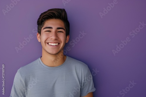 a smiling young hispanic man against a purple background, in the style of minimalistic modern. generative AI © yj