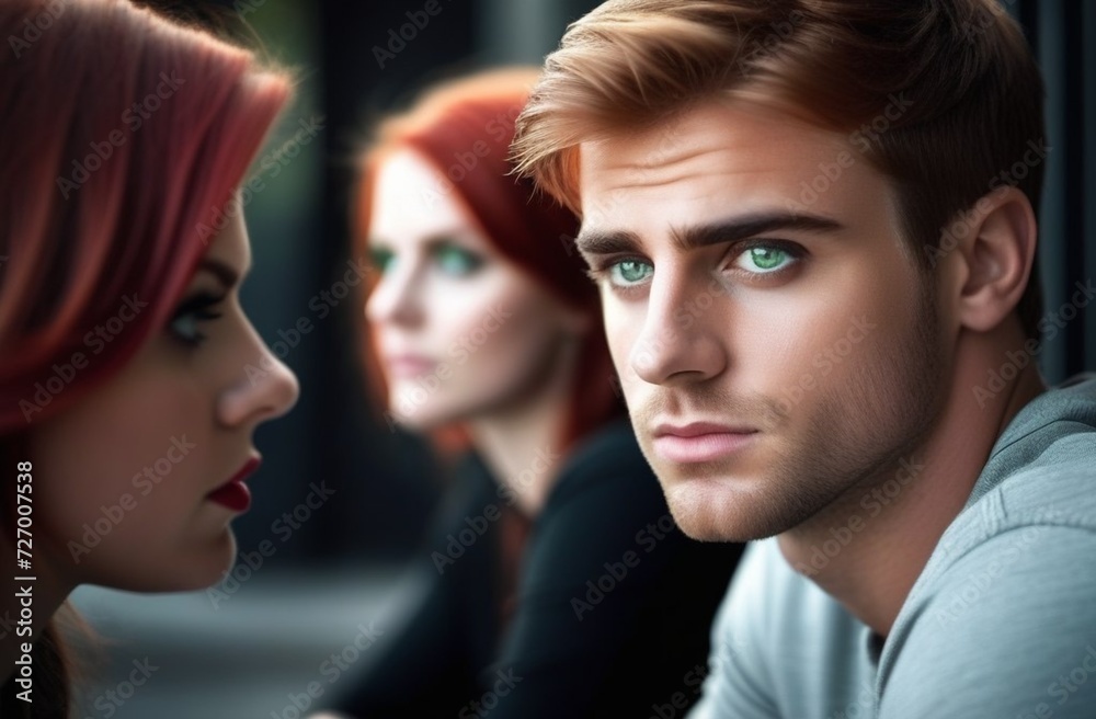 From the eternal problem of relationships: a young brutal man with a thoughtful expression on his face, in the background of the frame there are two girls, a redhead and a brunette, out of focus. From the eternal problem of relationships: a young brutal man with a thoughtful expression on his face, in the background of the frame there are two girls, a redhead and a brunette, out of focus.