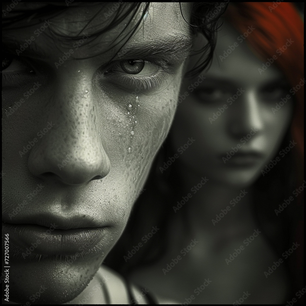 From the eternal problem of relationships: a young brutal man with a thoughtful expression on his face, in the background of the frame there are two girls, a redhead and a brunette, out of focus.