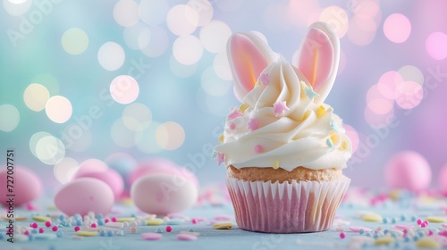 cute Easter cupcakes with bunny ears  pastel bokeh in background