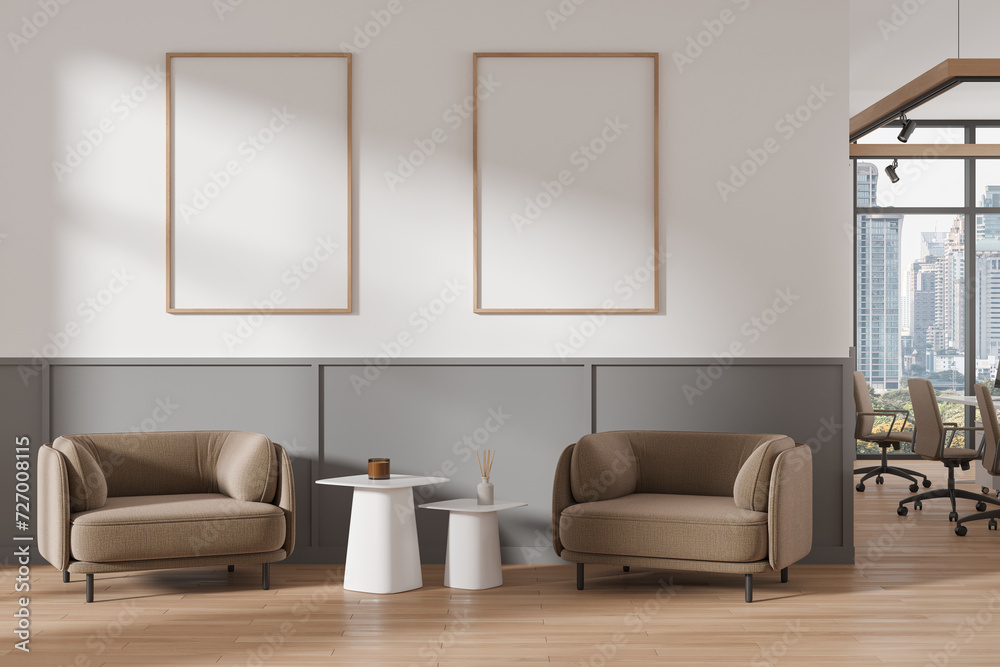 Fototapeta premium Office interior with lounge and work zone with window. Mockup frames