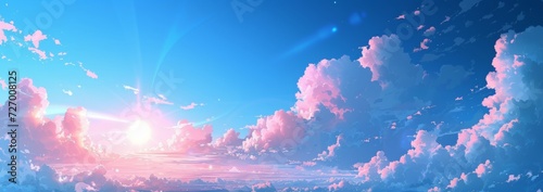 anime painting of rainy clouds and sunlight, in the style of high detailed, romantic landscape