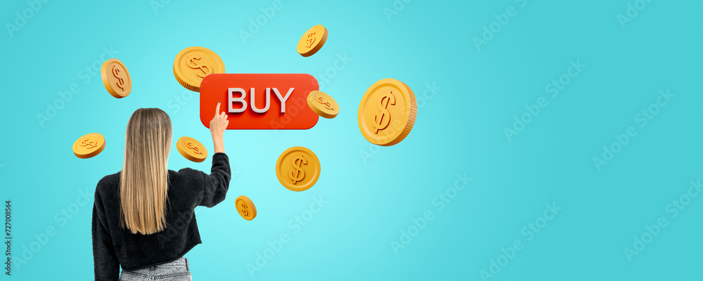 Young woman pressing buy button Young woman pressing buy button