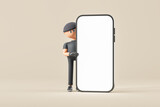 Cartoon man criminal standing near phone mock up screen copy space