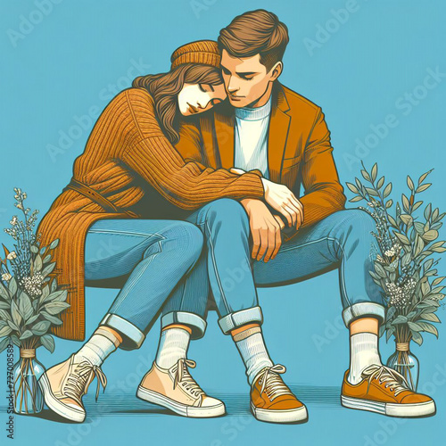 photo of married couple lady cuddle guy soulmate isolated on blue background