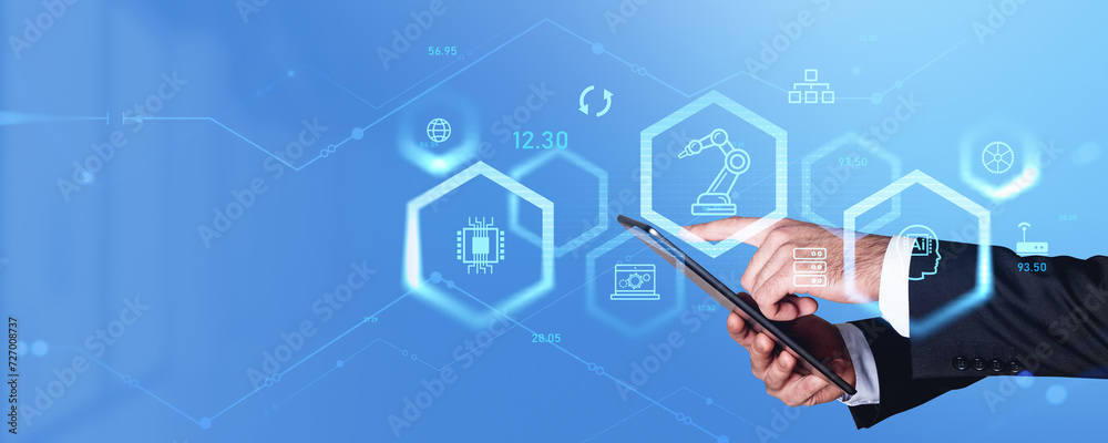 Man hands with phone and smart industry control