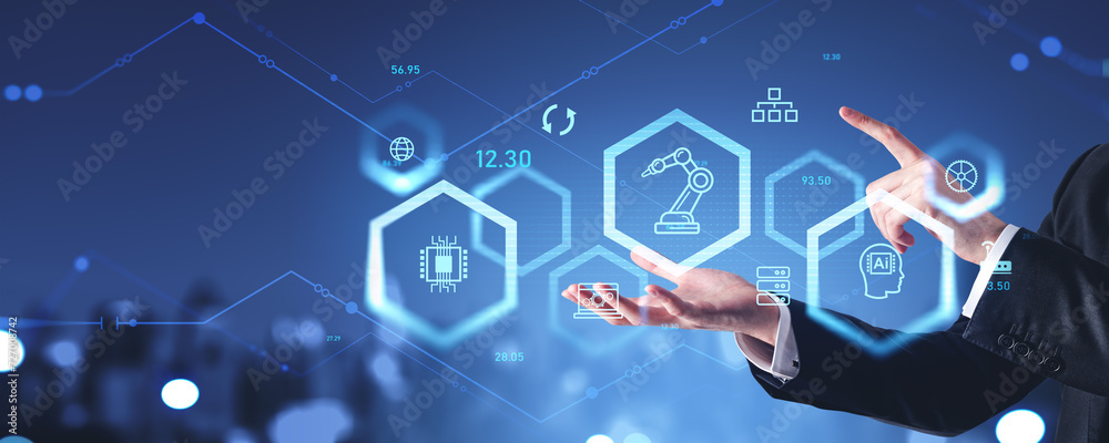 Man hands touching virtual screen with factory controls and robot industry Man hands touching virtual screen with factory controls and robot industry