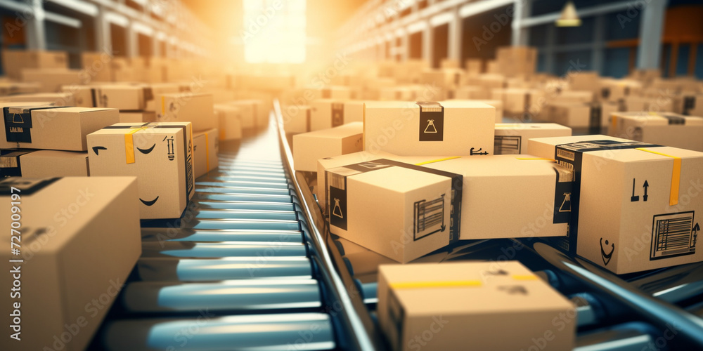 Cardboard boxes on the conveyor belt, 
Cardboard boxes on conveyor belt being transported on conveyor belts in factory before delivering. Automated retail warehouse. Delivering packages distribution