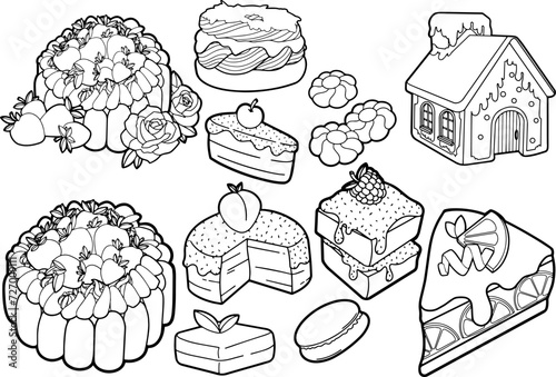 Bundle of pastry, cakes, teatime desserts - Strawberry Shortcake, Paris-Brest, macaron, cheesecake, souffle, lemon pie, gingerbread house, biscuits